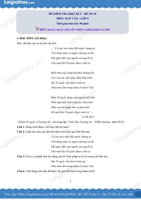 Đề thi học kì 2 Văn 9 - Đề số 10